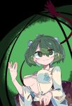 1girl breasts bucket eyebrows_visible_through_hair green_eyes green_hair hair_bobbles hair_ornament highres in_bucket in_container kisume medium_breasts one-hour_drawing_challenge r.h_no.1_fuyumomo sarashi short_hair smile solo touhou underboob wooden_bucket 