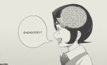  :d bababooey black_hair bow bowtie english_text gradient gradient_background hair_bow highres holly_(tyrone) monochrome original pipe_bomb portrait profile short_hair smile speech_bubble tooth_gap twitter_username tyrone 