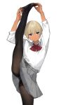  1girl :3 arms_up bangs black_legwear blonde_hair blue_eyes blunt_bangs closed_mouth collared_shirt crotch_seam dark-skinned_female dark_skin doyagao dress_shirt eyebrows_visible_through_hair flexible ganbare_douki-chan grey_skirt highres intern_(douki-chan) miniskirt no_shoes nostrils panties panties_under_pantyhose pantyhose pleated_skirt shirt shirt_tucked_in short_eyebrows short_hair simple_background skirt smug solo sparkle split standing standing_on_one_leg standing_split underwear white_shirt yomu_(sgt_epper) 