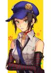  1girl black_hair black_necktie blue_headwear cabbie_hat choker elbow_gloves gloves green_eyes hat hungry_clicker lock looking_at_viewer loose_necktie marie_(persona_4) necktie persona persona_4 red_choker shirt short_hair sleeveless sleeveless_shirt solo striped striped_gloves upper_body white_shirt yellow_background 