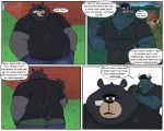  2022 anthro belly black_body black_nose bottomwear bovid bovine brown_body cattle clothing comic english_text facial_piercing hair hair_over_eyes hi_res humanoid_hands male mammal nose_piercing nose_ring outside overweight overweight_male pants piercing raining shirt suid suina sus_(pig) text topwear trashtoonz ursid wild_boar 