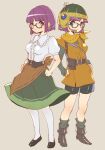  2girls another_eden bike_shorts blue_eyes breasts chrono_trigger closed_mouth crossover full_body glasses helmet looking_at_viewer lucca_ashtear multiple_girls narita1664 narita_imomushi pantyhose purple_hair scarf short_hair simple_background smile 