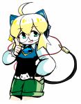  1girl ahoge bangs belt belt_buckle blonde_hair blue_headwear blue_sweater buckle cable cable_tail cat_ear_headphones collared_shirt cowboy_shot english_commentary eyebrows_visible_through_hair finger_to_eyewear green_shorts hair_between_eyes hand_on_hip headphones mechanical_tail medium_hair original personification rare_steak shirt shobon-chan_(beat_shobon) shoboon shorts simple_background sleeveless sleeveless_sweater solo sparkle sweater tail white_background white_shirt wing_collar 