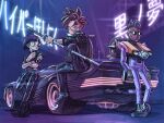  1girl breasts car chrono_trigger cleavage closed_mouth crono_(chrono_trigger) cyberpunk ground_vehicle highres jacket johnny_(chrono_trigger) looking_at_viewer lucca_ashtear motor_vehicle purple_hair red_hair robot short_hair smile spiked_hair sunglasses sword weapon yuto_sakurai 
