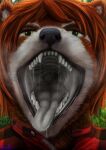  absurd_res ailurid ambiguous_gender anthro bodily_fluids breath_cloud close-up clothing green_eyes grey_mouth hair headshot_portrait hi_res mammal mouth_shot open_mouth portrait red_hair red_panda rektalius saliva saliva_string shirt solo tongue topwear 