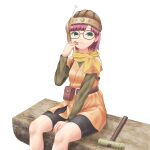  1girl belt bike_shorts blue_eyes breasts chrono_trigger closed_mouth glasses helmet highres hoposyoi looking_at_viewer lucca_ashtear purple_hair scarf short_hair simple_background smile solo white_background 