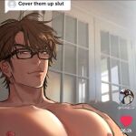  1boy ace_of_diamond bangs bara brown_eyes brown_hair closed_mouth cover_them_up_slut_(meme) dialogue_box glasses heart highres large_pectorals looking_at_viewer male_focus meme miyuki_kazuya muscular muscular_male nipples nume_x pectoral_focus pectorals short_hair sideburns solo tiktok twitter_username upper_body 