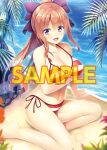  1girl :d aikawa_tatsuki bangs barefoot beach bikini blurry blurry_foreground blush bow breast_hold breasts brown_hair character_request cleavage collarbone copyright_request day depth_of_field eyebrows_visible_through_hair hair_between_eyes hair_bow large_breasts legs long_hair looking_at_viewer navel ocean open_mouth outdoors palm_leaf palm_tree plant ponytail purple_bow purple_eyes red_bikini sample_watermark sand shore side-tie_bikini sidelocks sitting smile solo striped striped_bikini swimsuit tree wariza water watermark waves 