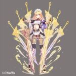  1girl armor aura belt black_hairband black_legwear blonde_hair blue_eyes capelet closed_mouth covered_nipples eden&#039;s_ritter_grenze eden_grenze eyebrows_visible_through_hair frills glowing glowing_sword glowing_weapon grey_background hair_between_eyes hairband hand_on_hilt heart heart_belt holding holding_sword holding_weapon kageshio_(276006) light_particles long_hair looking_at_viewer maid_headdress multiple_swords navel official_art outer_glow pantyhose pauldrons purple_capelet shoulder_armor simple_background single_pauldron solo sword thighhighs weapon 