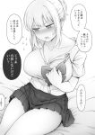  1girl bangs blush breasts cleavage collarbone eyebrows_visible_through_hair flying_sweatdrops highres large_breasts monochrome open_mouth original otonari school_uniform shirt skirt solo sweat thighs translation_request 