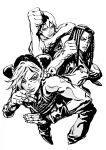  3girls arms_up bangs bare_shoulders braid braided_ponytail clenched_hands closed_mouth commentary_request double_bun dreadlocks ermes_costello eyelashes foo_fighters halter_top halterneck highres jojo_no_kimyou_na_bouken kujo_jolyne long_hair looking_at_viewer monochrome multiple_girls nobita overalls pants parted_lips patch photo-referenced pose raised_fist serious shirt shoes short_hair simple_background sleeveless sleeveless_shirt stone_ocean wristband 