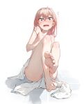  1girl arms_up bare_legs bare_shoulders barefoot blush constricted_pupils covering covering_breasts covering_crotch dino_(dinoartforame) embarrassed fallen_down feet flying_sweatdrops highres inui_sajuna knees_up looking_at_viewer nude open_mouth pink_eyes pink_hair pussy pussy_peek simple_background sitting soles solo sono_bisque_doll_wa_koi_wo_suru surprised thighs tile_floor tiles toes towel wavy_mouth wet white_background 
