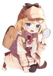  1girl :d backpack bag bangs blonde_hair blue_eyes blush brown_capelet brown_headwear brown_jacket brown_legwear brown_skirt capelet collared_shirt deerstalker eyebrows_visible_through_hair hat high-waist_skirt highres holding holding_magnifying_glass hololive hololive_english jacket long_sleeves looking_at_viewer magnifying_glass medium_hair necktie noi_mine open_clothes open_jacket plaid plaid_skirt red_necktie shirt skirt smile solo thighhighs virtual_youtuber watson_amelia white_shirt younger 