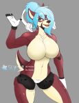  absurd_res android anthro biege_fur big_breasts blue_hair breasts brown_nose cervid female fur green_eyes hair hi_res light_belly looking_at_viewer machine mammal multicolored_body red_body red_fur red_tongue robot simple_background sly_shadex solo tongue watermark 