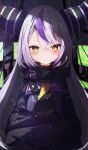  1girl absurdres animal_hug black_coat black_horns blush closed_mouth coat crow_(la+_darknesss) demon_girl demon_horns eyebrows_visible_through_hair highres hololive horns la+_darknesss long_hair long_sleeves looking_at_viewer multicolored_hair pointy_ears purple_hair purple_horns silver_hair sleeves_past_fingers sleeves_past_wrists slit_pupils smile solo streaked_hair striped_horns sui._(suikun) v-shaped_eyebrows very_long_hair virtual_youtuber yellow_eyes 