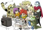  3girls absurdres ayla_(chrono_trigger) blonde_hair blue_eyes book breasts chrono_trigger closed_mouth couch crono_(chrono_trigger) drink ebiten_(ebi10d) epoch food frog_(chrono_trigger) game_console glasses highres long_hair lucca_ashtear magus_(chrono_trigger) marle_(chrono_trigger) multiple_girls open_mouth purple_hair robo_(chrono_trigger) short_hair simple_background smile super_famicom sword television weapon white_background 