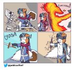  accident anthro blue_body blue_fur blue_nose bone boots briefs_only canid canine canis clothed clothing comic controller cracked_wall domestic_dog dragon fire fluffy fluffy_tail footwear fur gaming head_tuft hi_res humor jeddicus7 male mammal one_eye_closed raleigh_(jeddicus7) scarf shield skeleton solo tongue tongue_out tuft virtual_reality wide_eyed 