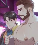  2boys bara bare_pectorals beard black_hair black_jacket blue_shirt brown_eyes brown_hair closed_mouth commission david_king_(dead_by_daylight) dead_by_daylight facial_hair from_side high_collar highres jacket jake_park large_pectorals leaf leaf_on_head looking_at_another male_focus meme multicolored_clothes multicolored_jacket multiple_boys muscular muscular_male nipples open_clothes open_shirt pectoral_envy_(meme) pectoral_focus pectorals punim410 scar scar_across_eye scar_on_face shirt short_hair smile two-tone_jacket upper_body white_shirt yellow_jacket 