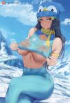 1girl araneesama bangs bare_shoulders beanie black_hair blush breasts covered_nipples dawn_(pokemon) grey_eyes hair_ornament hairclip hat highres large_breasts long_hair looking_at_viewer navel open_mouth piplup scarf sitting solo thighs underboob yellow_scarf 
