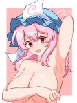  1girl arm_up armpits bangs bare_arms bare_shoulders blue_headwear blush border breasts collarbone commentary_request eyebrows_visible_through_hair eyelashes hair_between_eyes hands_up hat large_breasts looking_at_viewer medium_hair mob_cap open_mouth pink_background pink_eyes pink_hair presenting_armpit saigyouji_yuyuko simple_background smile solo tasuku_(tusktouhou4) tongue touhou triangular_headpiece upper_body white_border 