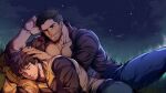 2boys bara bare_pectorals black_hair black_jacket black_shirt closed_mouth commission david_king_(dead_by_daylight) dead_by_daylight facial_hair grey_jacket hand_on_another&#039;s_head highres holmy_(holmesdmode) jacket jake_park large_pectorals looking_at_another lying male_focus multicolored_clothes multicolored_jacket multiple_boys muscular muscular_male night night_sky on_side open_clothes open_shirt outdoors pectorals shirt short_hair sky sleeping smile star_(sky) starry_sky two-tone_jacket undercut yaoi 