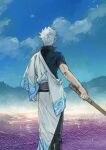 1boy back blue_hair bokken clenched_hand cloud cloudy_sky fog gintama hatching_(texture) highres holding holding_sword holding_weapon japanese_clothes light_blue_hair looking_afar male_focus moon mountain sakata_gintoki silhouette sketch sky solo standing sword toned toned_male twitter_username uraki_(tetsu420) water weapon wooden_sword 