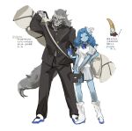  1boy 2girls backpack bag black_jacket black_pants blaidd_the_half-wolf blue_bow blue_bowtie blue_eyes blue_footwear blue_hair blue_skin blush bow bowtie cellphone chinese_text closed_mouth colored_skin contemporary contrapposto elden_ring extra_arms furry furry_male gakuran green_eyes grey_skirt hand_on_hip hat height_difference highres holding holding_phone jacket leg_warmers long_hair looking_at_viewer mini_hat miniskirt multiple_girls one_eye_closed pants phone ranni_the_witch rennala_queen_of_the_full_moon school_uniform shinnasuka025 shoes simple_background skirt smartphone smile sweater_vest translation_request vest white_background white_vest 