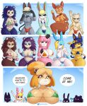  2022 4_fingers absurd_res animal_crossing ankha_(animal_crossing) anthro bikini breasts bulge clothing digital_media_(artwork) domestic_cat english_text eulipotyphlan eyes_closed eyewear felid feline felis female fingers gammainks glasses group half-closed_eyes hedgehog heterochromia hi_res isabelle_(animal_crossing) labelle_able lagomorph leporid mabel_able male mammal narrowed_eyes nintendo outside rabbit raymond_(animal_crossing) sable_able sasha_(animal_crossing) swimwear text video_games 