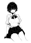  1girl arm_support bangs blush bow bowtie breasts collarbone collared_shirt cowboy_shot d: greyscale hair_between_eyes highres invisible_chair looking_at_viewer loose_bowtie matsuda_hikari medium_breasts messy_hair miniskirt monochrome nipples no_bra open_clothes open_shirt original parted_lips pleated_skirt school_uniform shirt shirt_tucked_in short_hair short_sleeves simple_background sitting sketch skirt solo sweat thighs white_background wing_collar 