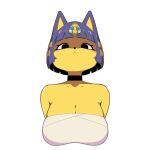 animal_crossing ankha_(animal_crossing) anthro big_breasts blue_hair breasts cleavage clothed clothing domestic_cat egyptian felid feline felis female hair hi_res mammal nintendo potatoartox simple_background solo video_games white_background yellow_body 