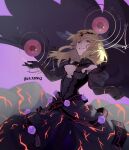  1girl absurdres ahoge black_gloves black_legwear blonde_hair bracelet breasts cape circlet cleavage colored_eyelashes commentary_request cowlick dress flower gem gloves grin highres isabeau_de_baviere jewelry long_dress long_hair magia_record:_mahou_shoujo_madoka_magica_gaiden mahou_shoujo_madoka_magica mahou_shoujo_tart_magica medium_breasts messy_hair necklace purple_flower purple_rose queen red_eyes ring rose smile solo strapless strapless_dress tall_female un_nm5sy wavy_hair 