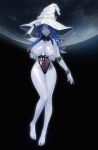  1girl absurdres bare_legs barefoot blue_eyes blue_hair blue_skin breasts colored_skin commentary_request covered_navel covering covering_nipples eggisalive elden_ring extra_arms full_body full_moon hand_on_headwear hat highres large_breasts legs long_hair looking_at_viewer moon one_eye_closed ranni_the_witch solo thighs toes white_headwear witch witch_hat 