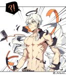 !? 1boy abs ammunition arknights closed_mouth clothes_removed collarbone executor_(arknights) exploding_clothes hair_between_eyes halo light_blue_eyes male_focus motion_lines patient_zero solo sweatdrop toned toned_male torn_clothes twitter_username white_background white_hair 