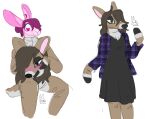  &lt;3 &lt;3_eyes 2022 absurd_res ahoge ambiguous_gender anthro black_pupils blush blush_lines brown_body brown_eyes brown_fur brown_hair cervid clothed clothing costume countershade_tail countershading digital_drawing_(artwork) digital_media_(artwork) dress duo ears_up eyelashes flannel_shirt fully_clothed fur furry_wearing_fursuit fursuit hair hair_bun hair_over_eye half-closed_eyes hi_res hooves lagomorph leporid living_fursuit looking_down mammal multiple_scenes narrowed_eyes one_eye_obstructed pink_body pink_fur pupils purple_hair putting_on_clothes rabbit shinybuny signature simple_background sitting smile standing white_background white_body white_countershading 