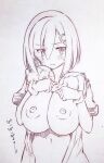 1girl blush bra bra_lift breasts closed_mouth commentary_request gloves hair_between_eyes hair_ornament hairclip hamakaze_(kancolle) highres kantai_collection large_breasts looking_at_viewer monochrome navel nipples short_hair short_sleeves solo traditional_media tsukareta_san underwear 