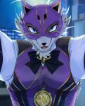  anthro blue_eyes canid canine clothing fancy_clothing first_person_view fox fur grey_body grey_fur hi_res jewelry kabedon lifewonders live-a-hero male mammal mask necklace pecs supervillain tekkyuu_d topwear vest video_games vulpecula 