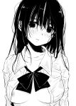  1girl 3: areola_slip areolae bangs blush bow bowtie breasts closed_mouth collarbone collared_shirt ear_blush embarrassed greyscale hair_between_eyes head_tilt highres large_breasts long_hair long_sleeves looking_at_viewer looking_to_the_side loose_bowtie matsuda_hikari messy_hair monochrome narrowed_eyes nipple_slip nipples no_bra nose_blush open_clothes open_shirt original school_uniform shirt simple_background sketch solo upper_body wet wet_clothes wet_shirt white_background wing_collar 
