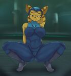  absurd_res acid-demo alien angela_cross anthro big_breasts blue_eyes boots breasts brown_stripes camel_toe clothing crouching curvy_figure female footwear fur hair headgear headwear hi_res jumpsuit lombax mammal midriff ponytail ratchet_and_clank solo solo_focus sony_corporation sony_interactive_entertainment stripes thick_thighs tight_clothing video_games voluptuous yellow_body yellow_fur 
