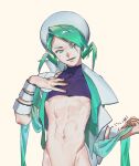  1boy abs bangle bangs bracelet commentary_request crop_top cropped_shirt green_eyes green_hair gyakumushi hand_up hat highres holding jewelry male_focus midriff navel open_mouth pokemon pokemon_(game) pokemon_oras purple_shirt shiny shiny_hair shirt short_hair sideburns skin_tight smile solo toned toned_male upper_body wallace_(pokemon) white_headwear 