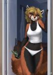  2022 ailurid anthro bottle clothed clothing digital_media_(artwork) door eyebrows female fingers foxovh front_view fur green_eyes hair hi_res holding_bottle holding_object looking_at_viewer mammal navel red_panda smile solo 