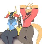  anthro bandanna bottomwear braixen breasts canid canine canis charizard clothed clothing dragon duo female gun hat headgear headwear hi_res kerchief male male/female mammal muscular muscular_anthro muscular_male nintendo pants photolol.03 pok&eacute;mon pok&eacute;mon_(species) ranged_weapon rifle scalie scout_(team_fortress_2) simple_background sitting sniper_(team_fortress_2) team_fortress_2 trash valve video_games weapon 