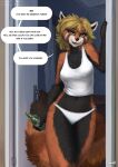  2022 ailurid anthro bottle clothed clothing dialogue digital_media_(artwork) door english_text eyebrows female fingers foxovh front_view fur green_eyes hair hi_res holding_bottle holding_object looking_at_viewer mammal navel red_panda smile solo speech_bubble text 