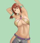 1girl armlet armpits arms_up breasts brown_eyes brown_hair christie_monteiro cleavage green_background halter_top halterneck hip_vent large_breasts long_hair navel ponytail shiyukidraws simple_background smile solo stretch tekken upper_body 