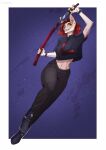  2022 5_fingers anthro breasts canid canine canis clothed clothing deeless digital_media_(artwork) domestic_dog female fingers hair hi_res holding_object holding_sword holding_weapon mammal melee_weapon navel red_hair smile solo sword weapon 