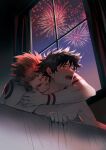  2boys arm_tattoo bed biting black_hair black_nails blush closed_eyes crying facial_tattoo fireworks fushiguro_megumi genii hair_between_eyes happy_new_year hickey highres implied_sex indoors jujutsu_kaisen male_focus multiple_boys neck_biting night open_mouth pectorals pink_hair red_eyes ryoumen_sukuna_(jujutsu_kaisen) short_hair sideburns spiked_hair tattoo tears toned toned_male undercut window yaoi 