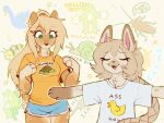  abstract_background almond_(waspsalad) anatid anseriform anthro avian bird blonde_hair blush bottomwear braided_hair cervid clothing duck duo eyes_closed female fur hair hi_res hotpants lagomorph leporid mammal markings open_mouth paws ponytail rabbit reptile scalie shirt shorts spots t-pose t-shirt topwear torpor_(waspsalad) turtle waspsalad 