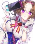  1girl @_@ ahoge between_breasts blush breasts brown_hair controller game_controller gloves headband highres horse_girl looking_at_viewer meisho_doto_(umamusume) purple_eyes simple_background tantan_(xrvf2288) tears triangle_mouth umamusume white_background white_legwear wire 
