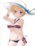  1girl bikini blonde_hair blue_eyes blush breasts british darjeeling_(girls_und_panzer) girls_und_panzer hat highres huge_breasts kuzuryuu_kennosuke looking_at_viewer navel short_hair smile solo swimsuit union_jack white_background 