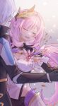  1boy 1girl :d alicia_childe bangs black_coat black_gloves blood breasts cleavage closed_eyes coat crystal dancing elysia_(honkai_impact) gloves hair_ornament highres honkai_(series) honkai_impact_3rd kevin_kaslana long_hair long_sleeves open_mouth pink_hair pointy_ears short_hair smile spoilers white_hair 