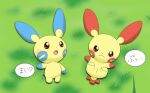  angry blue_body blue_fur blush duo female feral fur genitals gloves_(marking) grass japanese_text legs_up lying markings minami_(artist) minun nintendo on_back plant plusle pok&eacute;mon pok&eacute;mon_(species) pussy red_body red_fur take_your_pick text video_games yellow_body yellow_fur 